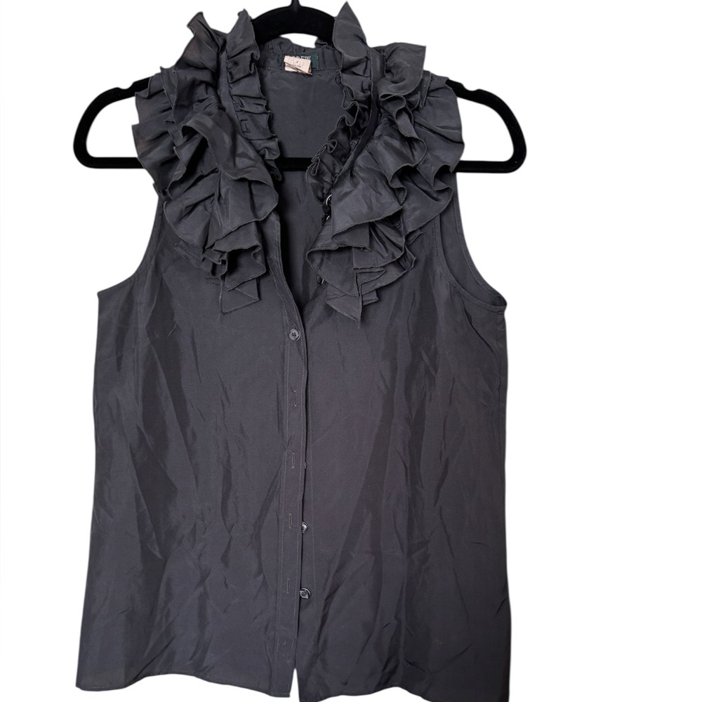 J. Crew Black Sleeveless Ruffle Collar Button-Down Silk Top